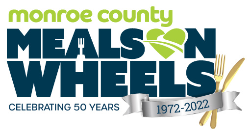 Monroe Country Meals On Wheels logo with metallic silver banner and a metallic gold fork and knife