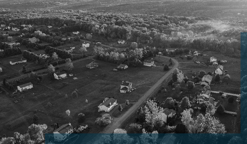 A black and white arial view of Stroudsburg, PA