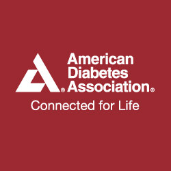 American Diabetes Association logo, white type and triangle on a dark red square