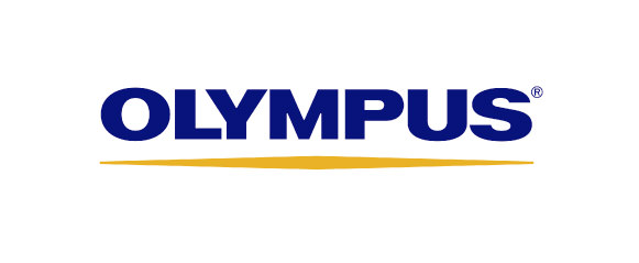 Olympus logo, navy type over a orange diamond shaped stripe