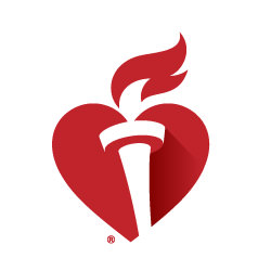 American Heart Association logo, a white torch in a red heart with a red flame