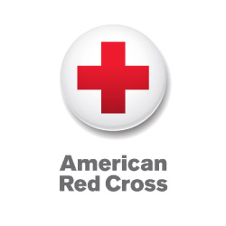 American Red Cross logo with gray type and a red cross in a white and gray 3D circle on the top