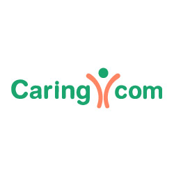 Caring.com logo with green type and an orange and green symbol of a person in the center