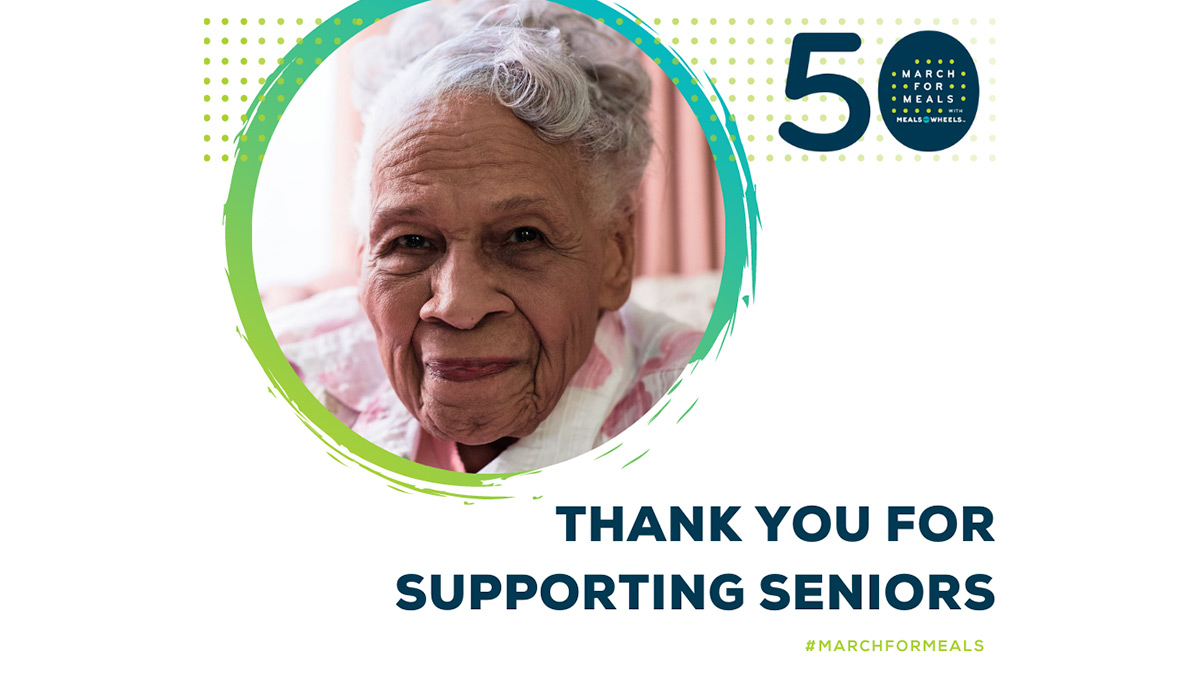 March for Meals supporting seniors, green to teal gradient circle in the top left with a older woman with gray hair and maroon lipstick smiling