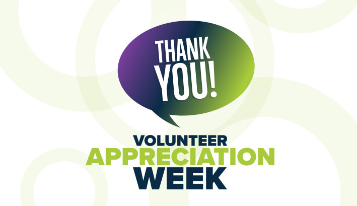 Thank you volunteer appreciation week graphic with green circles in the background, a purple and green gradient in a speech bubble