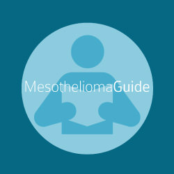 Mesothelioma guide logo in a dark blue square with a light blue circle in the center, symbol of a blue person reading a book in the center