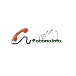 Pocono Info logo with dark green type connected to an orange phone