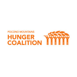 Pocono Mountains Hunger Coalition logo with orange type and a symbol of six people holding a branch with leaves