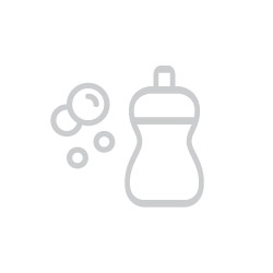 Gray icon of shampoo bottle with four bubbles on the left side