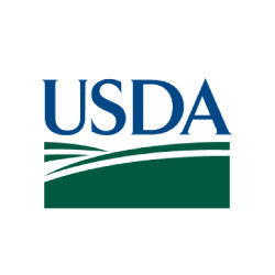 USDA logo with navy type and green hills underneath