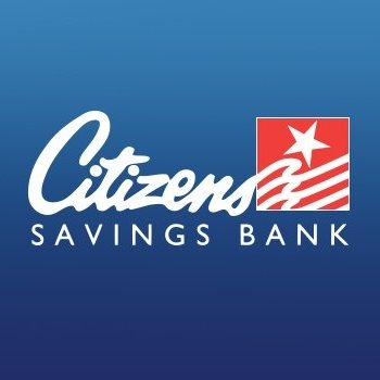 Citizens Savings Bank Logo on a blue gradient background with white type and a red square with a white star and white stripes