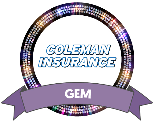 Coleman Insurance logo surrounded by a black outer circle filled with gem sparkles, and a purple Gem Sponsor ribbon at the bottom