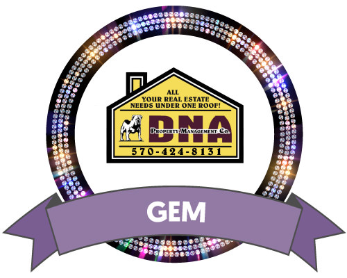 D-N-A Property Management Co. logo surrounded by a black outer circle filled with gem sparkles, and a purple Gem Sponsor ribbon at the bottom