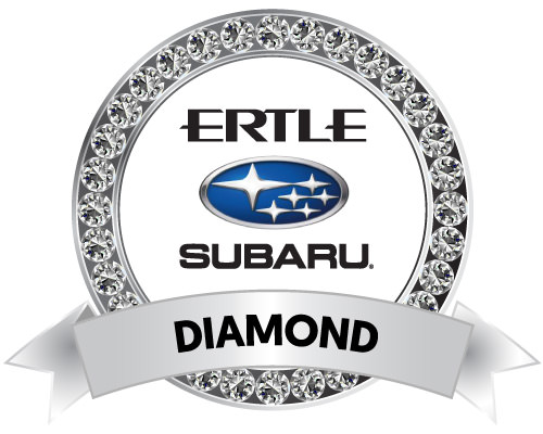 Ertle Subaru logo in a diamond circle with a metallic silver Diamond Sponsor ribbon at the bottom