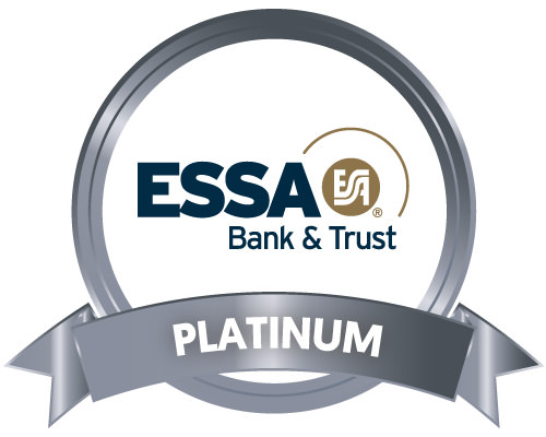 Essa Bank & Trust logo in a metallic gray circle with a metallic gray Platinum Sponsor ribbon at the bottom