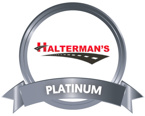 Halterman's logo in a metallic gray circle with a metallic gray Platinum Sponsor ribbon at the bottom