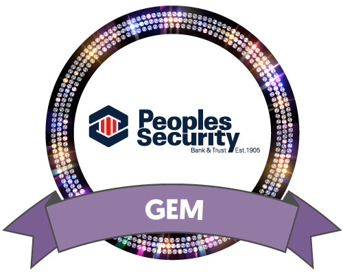 Peoples Security Bank & Trust logo surrounded by a black outer circle filled with gem sparkles, and a purple Gem Sponsor ribbon at the bottom
