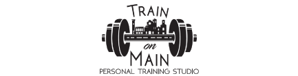 Train on Main Personal Training Studio Logo with a black barbell and a city balancing on top