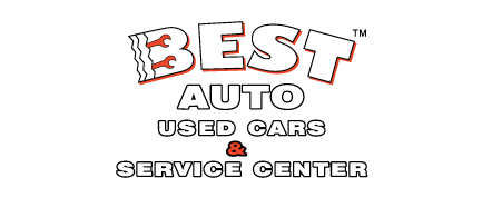 Best Auto Used Cars Service Center Logo with white type outlined in black and a red &