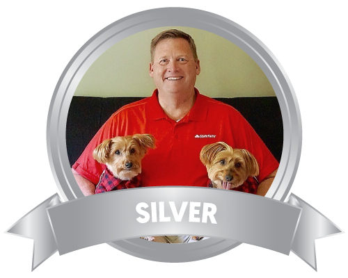 Mike Peterson from State Farm in a metallic light gray circle with a metallic light gray Silver Sponsor ribbon at the bottom