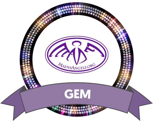 Madys Angels logo logo surrounded by a black outer circle filled with gem sparkles, and a purple Gem Sponsor ribbon at the bottom