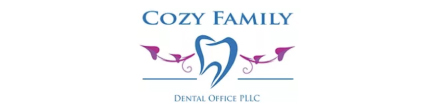 Cozy Family Dental Office logo with blue type, a blue tooth and purple swirls in the middle