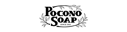 Pocono Soap Logo in black type surrounded by black leaves in an oval shape