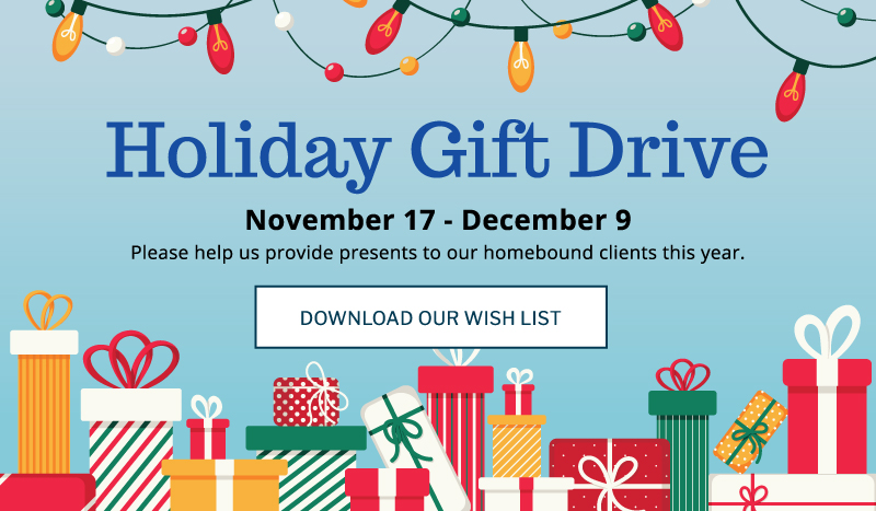 Holiday Gift Drive surrounded by Christmas lights and gifts